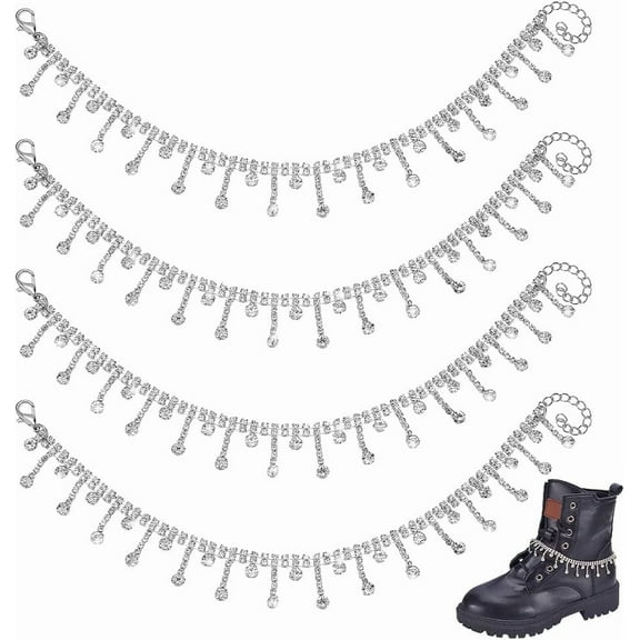 4pcs Rhinestone Shoe Chains Jewelry Shoe Charms Chains Glitter Strap Chain Tassel Bling Shoe Chain Alloy Shoe Accessory Decoration for Women Decor Bag Clothes Crafts Platinum