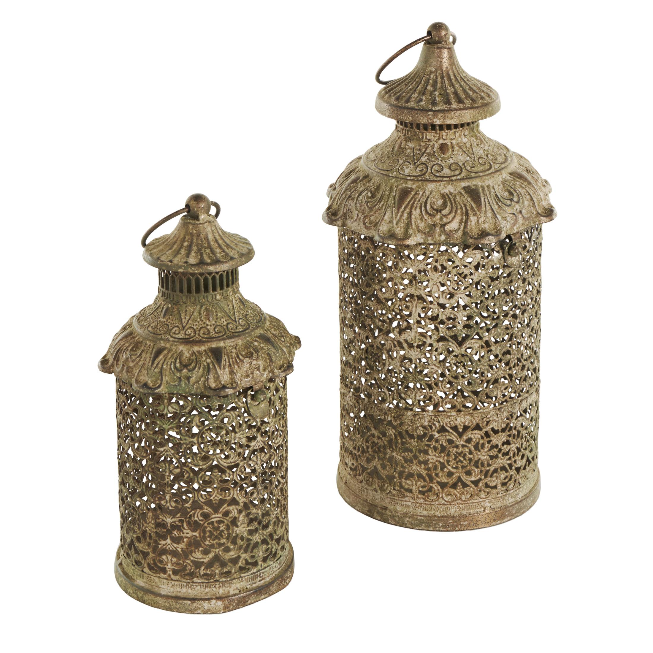 DecMode 2 Holder Brown Metal Scroll Distressed Vintage Inspired Ornate Candle Lantern, Set of 2