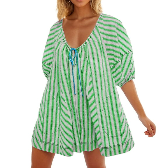 BVXEEP Woman Fashion Print Round Neck Summer Womens Shorts Dressy Casual Drawstring Short Sleeve Pockets Jumpsuit Womens Shorts Casual
