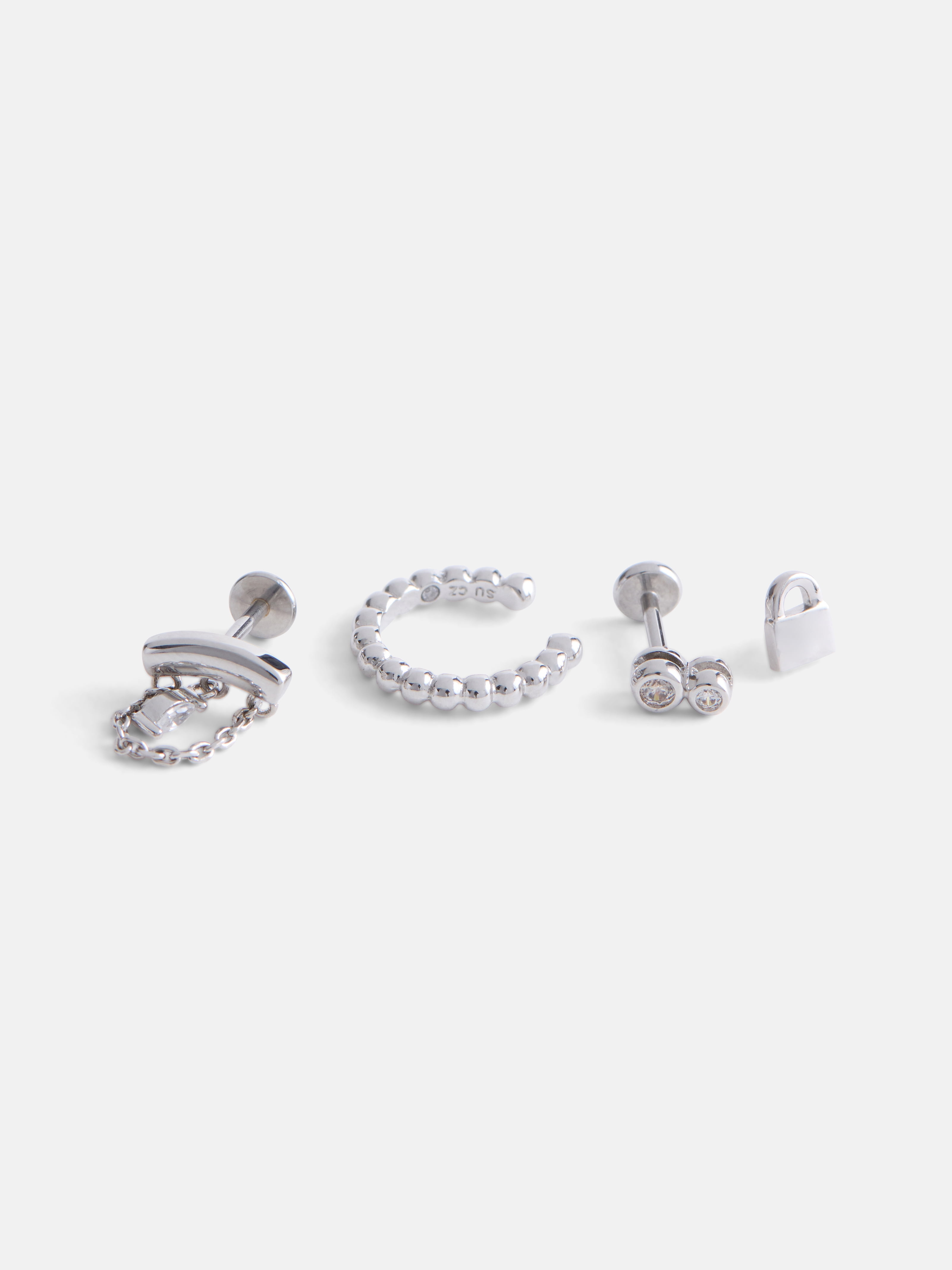Free Assembly Women's Demi Fine Silver Plated Cuff and Cubic Zirconia Flat Back Stud Single Earrings Set, 4-Piece