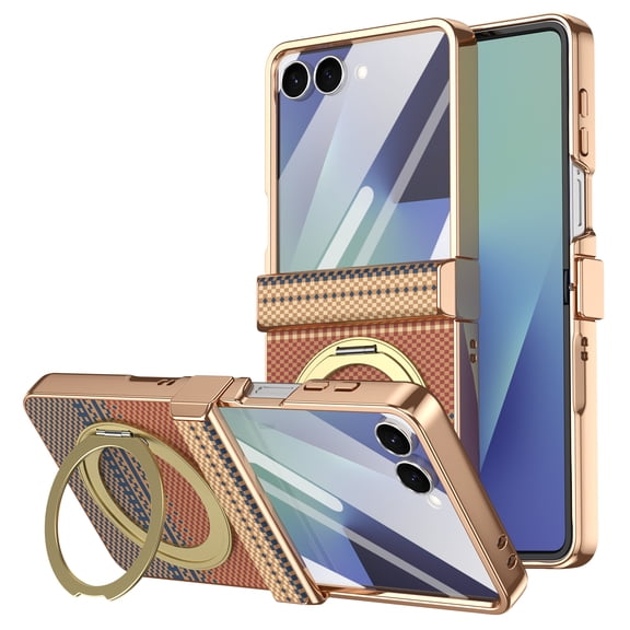 For Samsung Galaxy Z Flip8 Phone Case,Built-in Front Screen Protector,Anti-Scratch Gradient Fiber Pattern PU Leather Back,360°Ring Kickstand,Shockproof Non-slip Phone Case,Gold