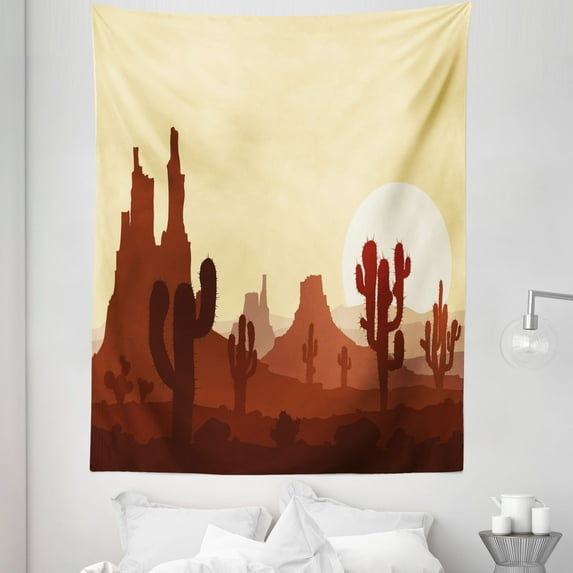 Cactus Tapestry, Arid Country Landscape Sunset in Stone Desert Saguaro and Mountains, Fabric Wall Hanging Decor for Bedroom Living Room Dorm, 5 Sizes, Yellow Brown Redwood, by Ambesonne