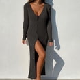 thumbnail image 2 of Robe Pull en Tricot Boutonnée Simple Boutonnage Col en V Manches Longues Ouverte devant Décontractée Robe en Tricot Côtelé pour Femmes Noir TTG, 2 of 6