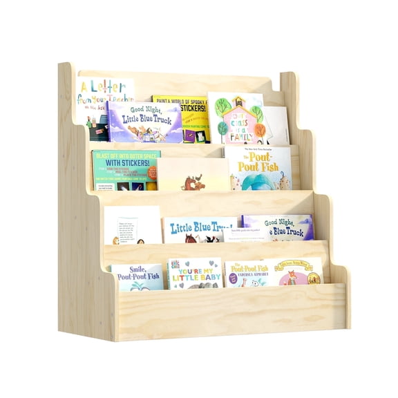 Montessori Wooden Bookcase for Kids - 4-tier Toddler Bookshelf with Front-Facing Display,Baby Magazine Storage Rack for Nursery, Classroom, Bedroom, Playroom