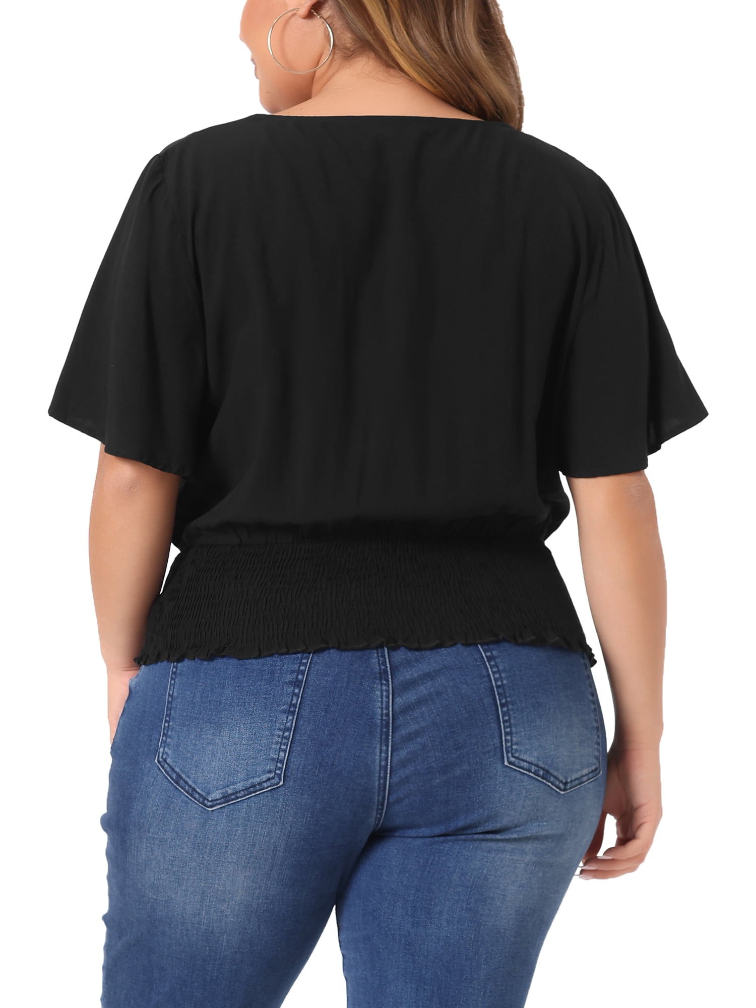 DARING DIVA Women's Plus V Neck Button Up Short Sleeve Shirred Blouse 2X Black