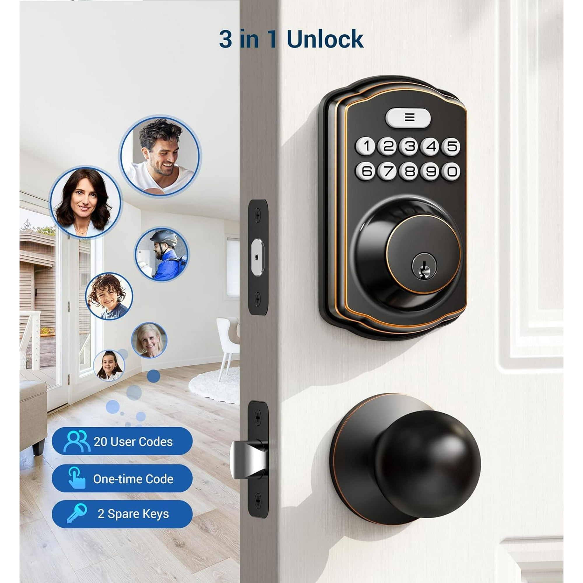 Veise Keyless Entry Door Lock with 2 Knobs, Electronic Keypad Deadbolt, Auto Lock, Bronze