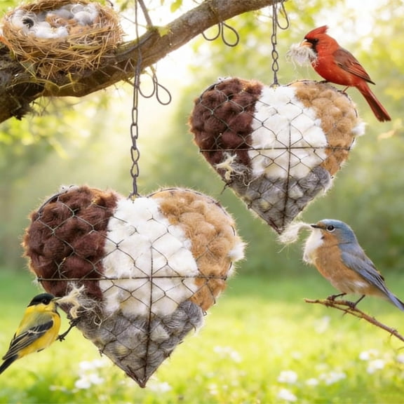 Alpaca Fiber Heart-Shaped Bird Nesting Holder: Handmade Outdoor Shelter & Nest Material Container for Garden Birds, Hummingbirds (Yard Gift) (2PC)
