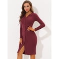 thumbnail image 3 of INSPIRE CHIC Vestido midi ajustado de punto con abertura frontal y manga larga con cuello en V y botones para mujer borgo?a M, 3 of 5