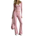 thumbnail image 2 of Women's 2 Piece Sets Long Sleeve V Neck Crop Tops and Elastic High Waist Wide Leg Pants Causal Athletic Outfits, 2XL, 2 of 5