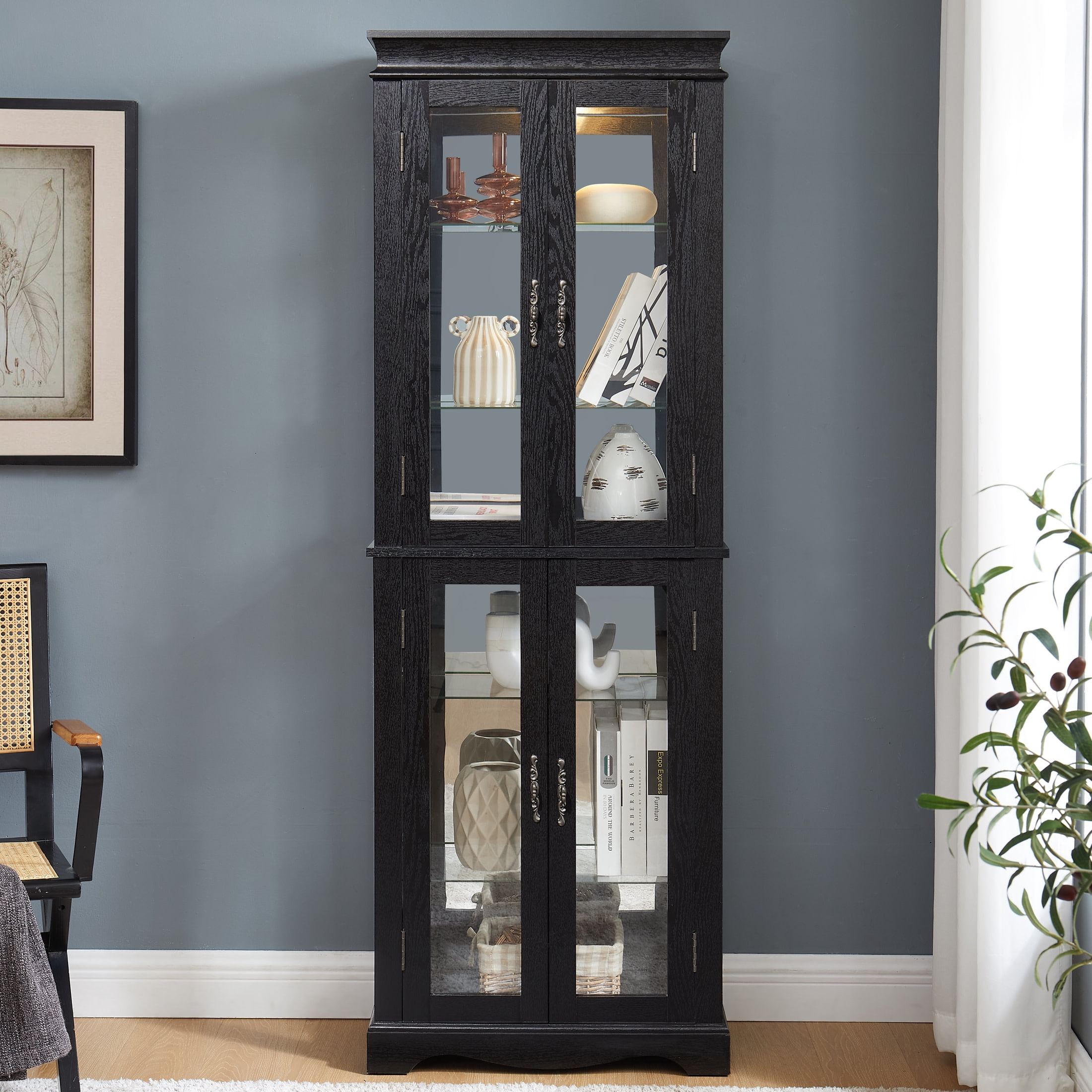 Noble House Wrenhill 70" Lighted Glass Curio Display Cabinet, 6-Tier Adjustable Shelves Wood Frame, Kitchen, Black