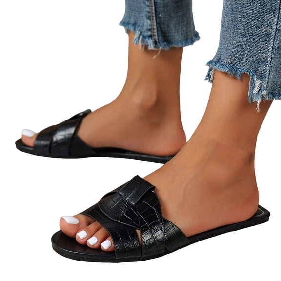 Rokment Womens Summer Flat Dress Slip on Sandals 2026 Stylish Simple Braided Leather Denim Open Toe No Heel Casual Slides for Woman Beach Vacation Black Size 6