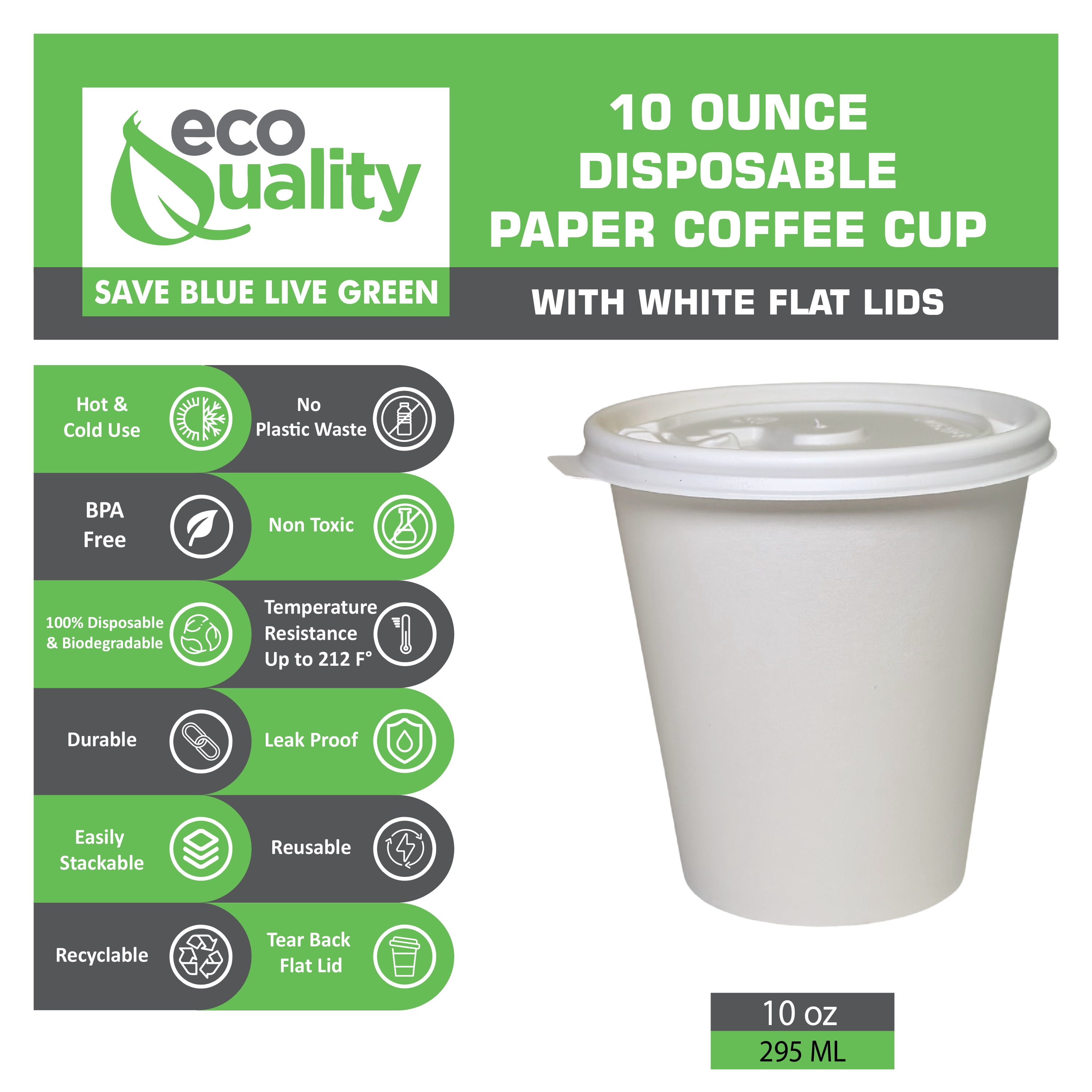 150 Pack] 10oz White Disposable Paper Coffee Cups with White Flat Lids -  For Hot, Cold Drink, Coffee, Tea, Cocoa, Travel, Office, Home, Cider, Hot  Chocolate, To go, Compostable, Biodegradable - Walmart.com