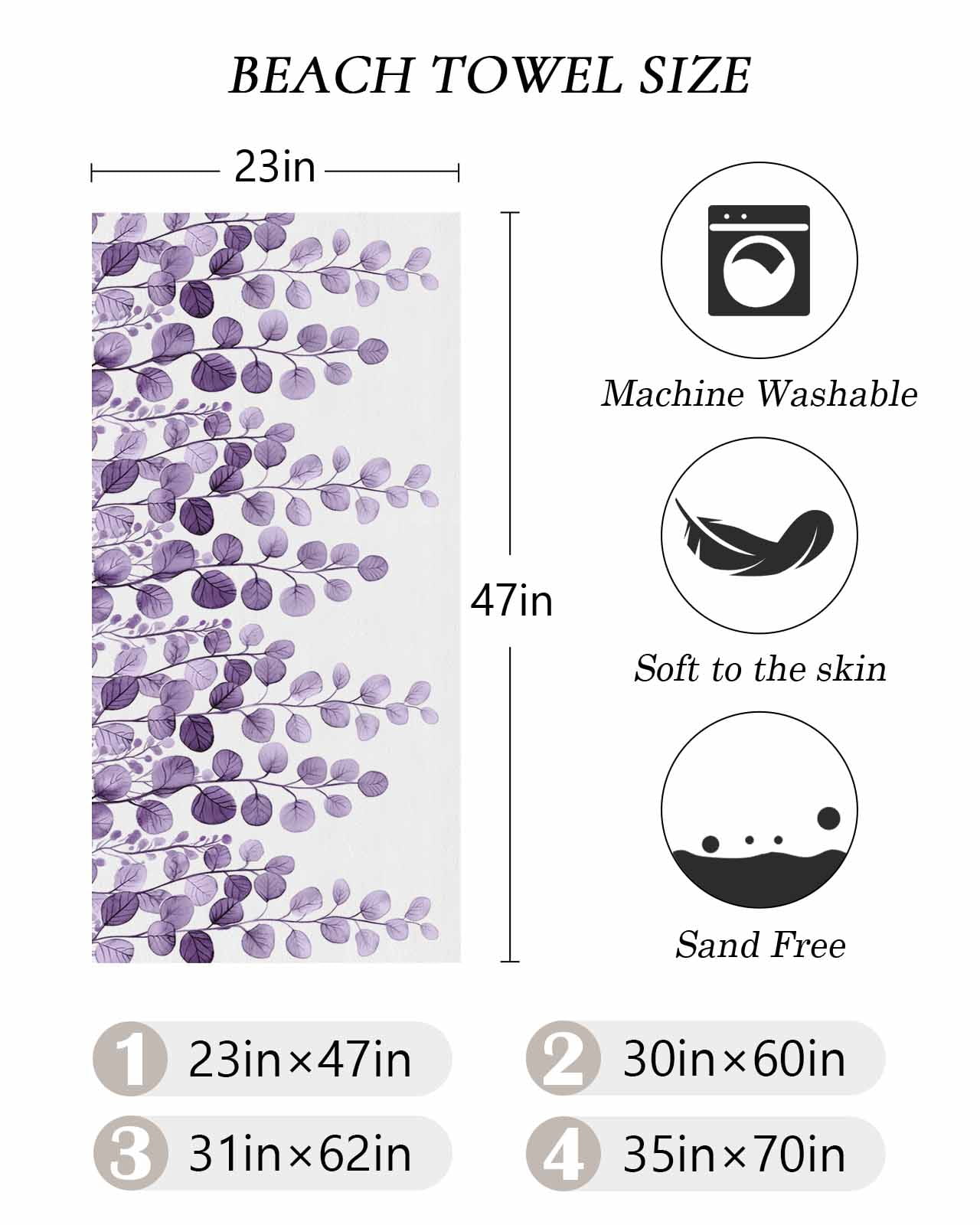 Purple Eucalyptus Leaves Beach Towels Oversized Super Absorbent, Watercolor Floral Leaf Plants Lightweight Bath Towel Quick Dry Sets For Bathroom/Pool/Rv Camping/Beach Play/Gym Room/Picnic 23"x47"