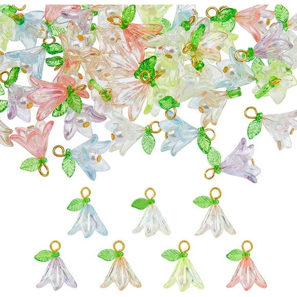 42Pcs 7 Colors Acrylic Flower Charm Bulk Lily Floral Charms Lily of The Valley Charm Leaf Flower Dangle Charms Bell Floral Pendant for DIY Crafts Necklace Bracelet Earring Jewelry Making