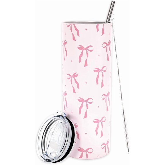Pink Bow Tumbler with Lid Straw 20 Oz Cute Coquette Bowknot Travel Coffee Tumbler Cup Boxed for Girls Birthday Party Home Office Classroom Favor Supplies,1 Pc