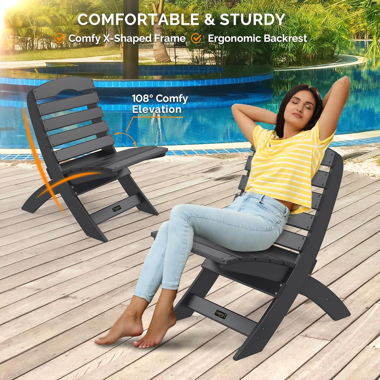 FeGemax Portable Adirondack Chairs, Folding Plastic Adirondack Chair for All Weathers, Outdoor Fire Pit Chairs for Patio Poolside Porch Beach, Capacity 350 LBS, Black
