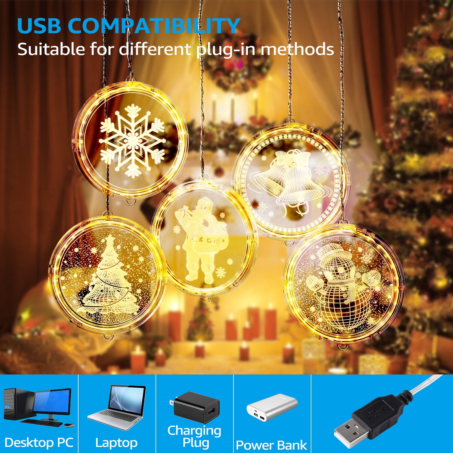 5 LED Christmas Decoration String Lights, 3D Christmas Ornaments, 4.9ft USB Powered Soft White Fairy Light