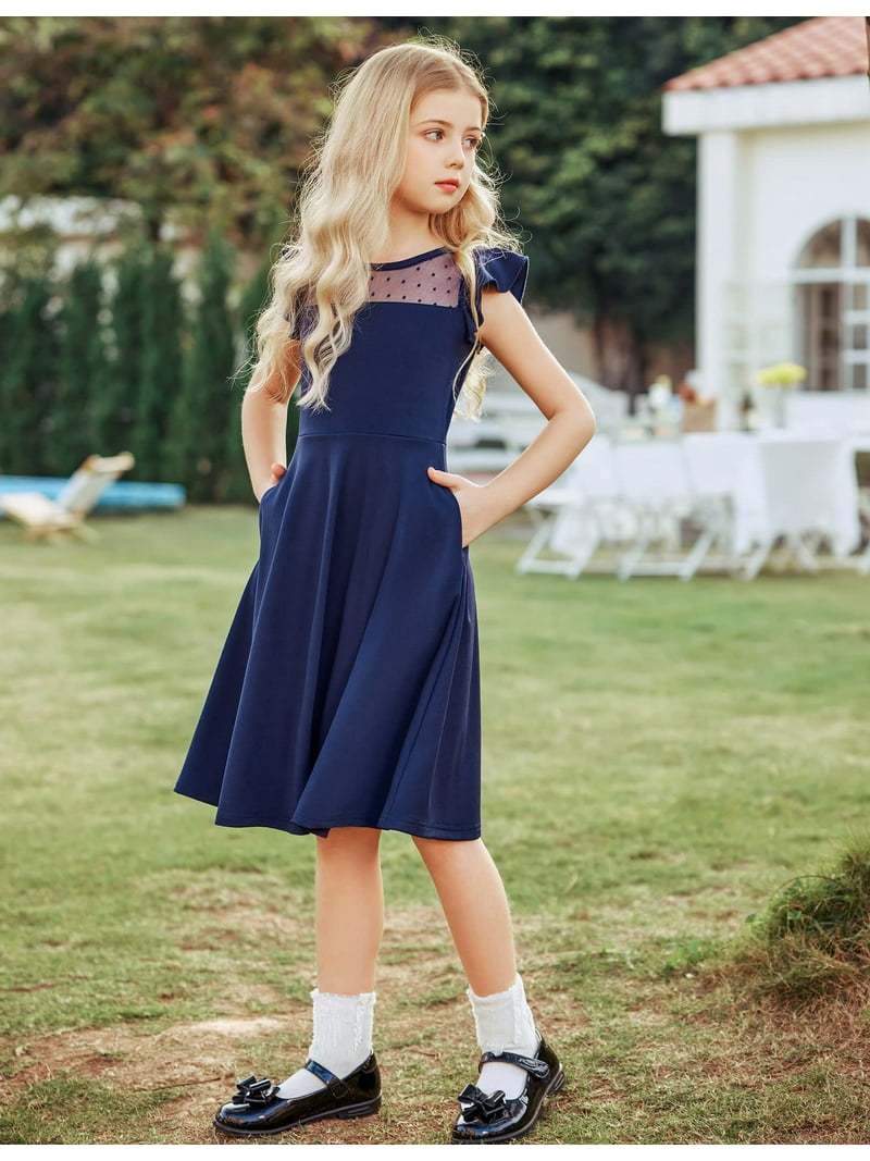 Oudiya Girls Summer Navy Blue Dress Ruffle Sleeve Mesh A Line Casual Party  Dresses with Pockets 6-13 Y - Walmart.com, image size:800x1067