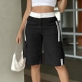 thumbnail image 5 of Womens Long Cargo Shorts Knee Length Elastic Waist Side Stripes Trendy Streetwear Summer Casual Utility Shorts Black M, 5 of 6