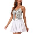 thumbnail image 4 of Camiseta metálica sin espalda para mujer Inspire Chic, con tirantes asimétricos y halter, top brillante, color plata, 4 of 6