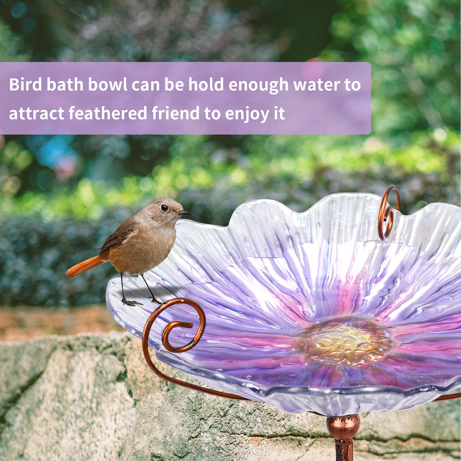 Outdoor Bird Bath,Flower-Shaped Glass Bird Bath, Metal Stand,Decorative Outdoor Garden Bird Feeder for Attracting Birds,Purple