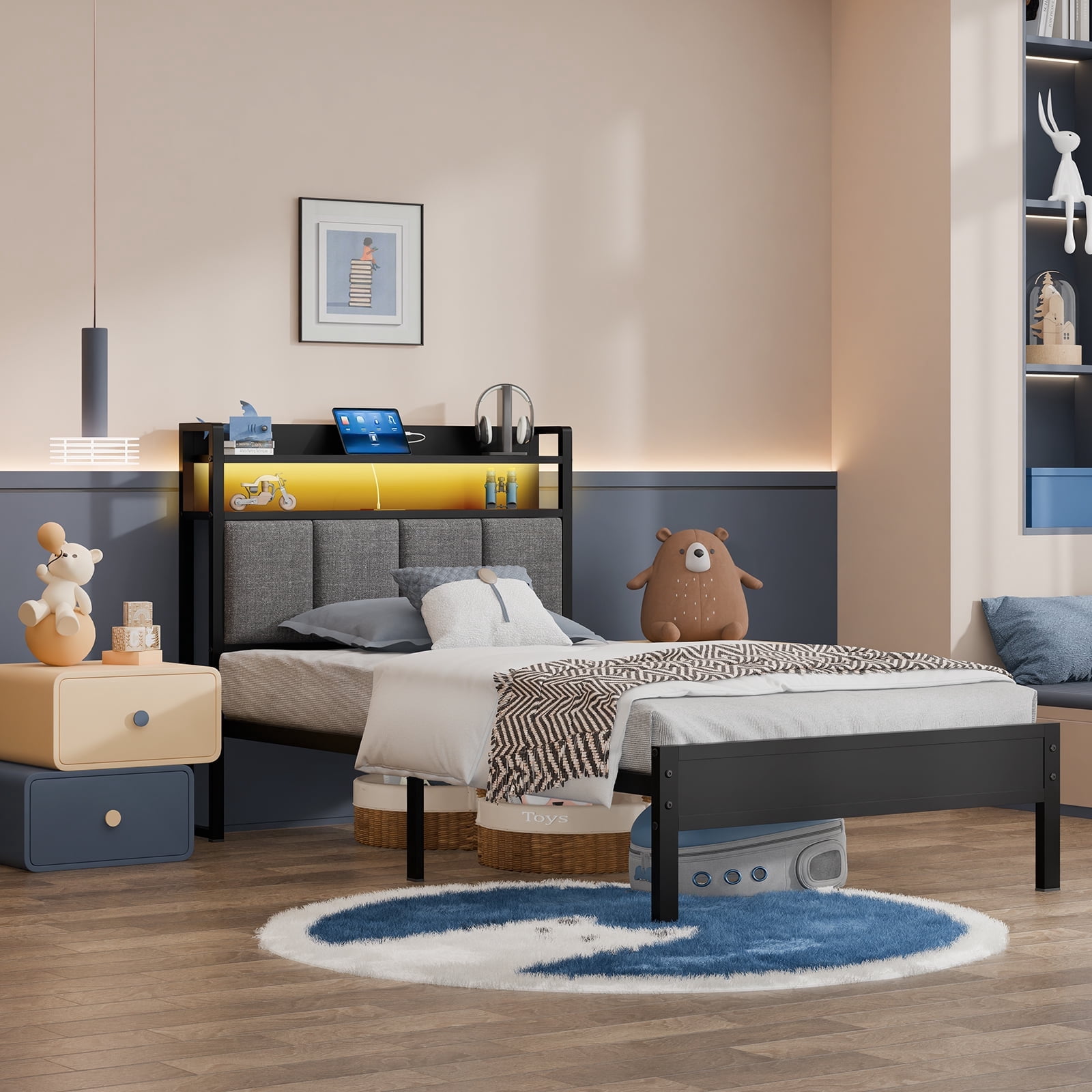 Z-hom Storage Metal Platform Bed Frames with LED Light, Twin