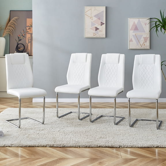 Noble House Modern Upholstered Dining Chairs, Faux Leather Padded Seat Side Chair, Silver Metal Legs, White, Set of 4