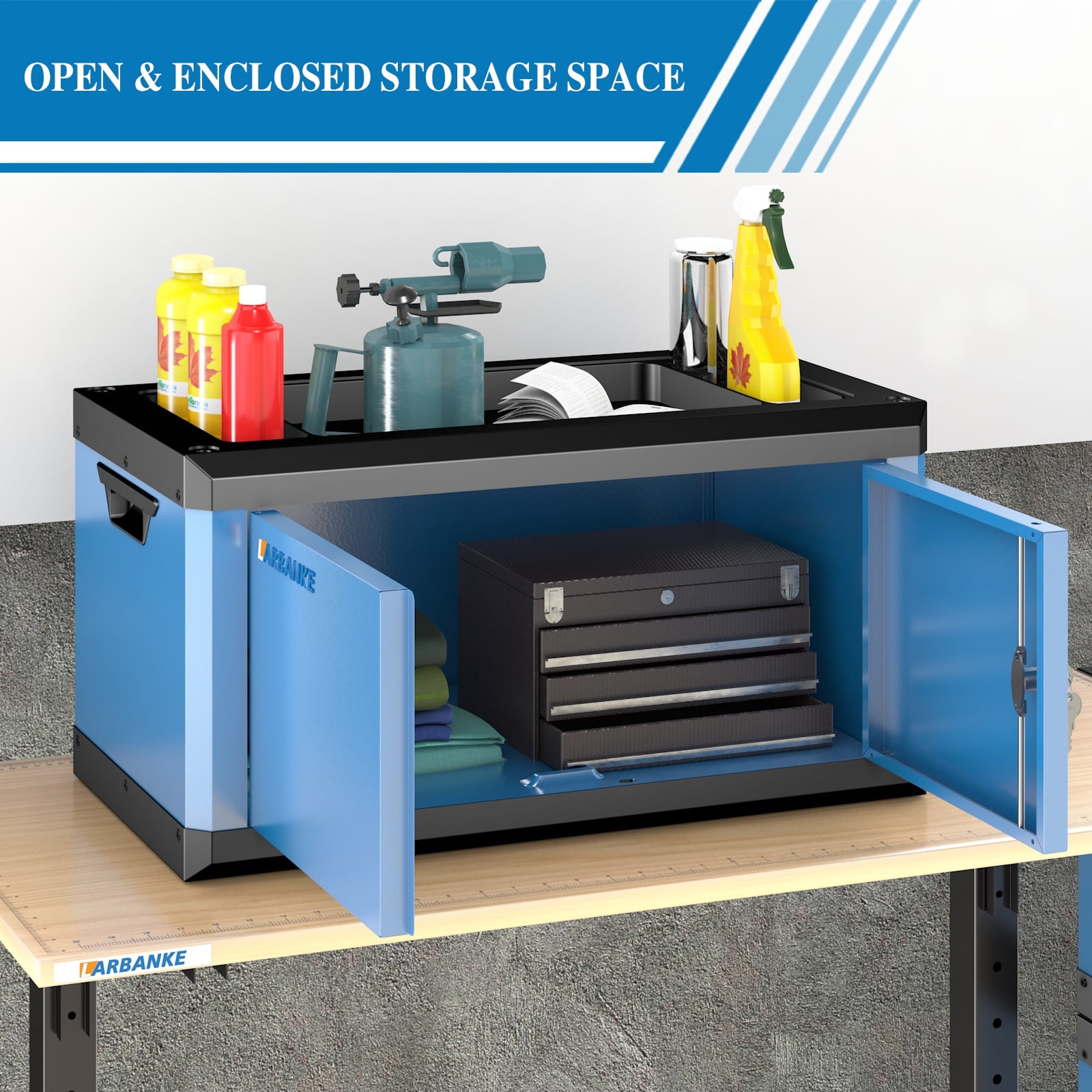 LARBANKE Double-Door Tool Box with Lock, Multifunctional Top & Stackable Design, Connects with 5 & 7-Drawer Tool Chests