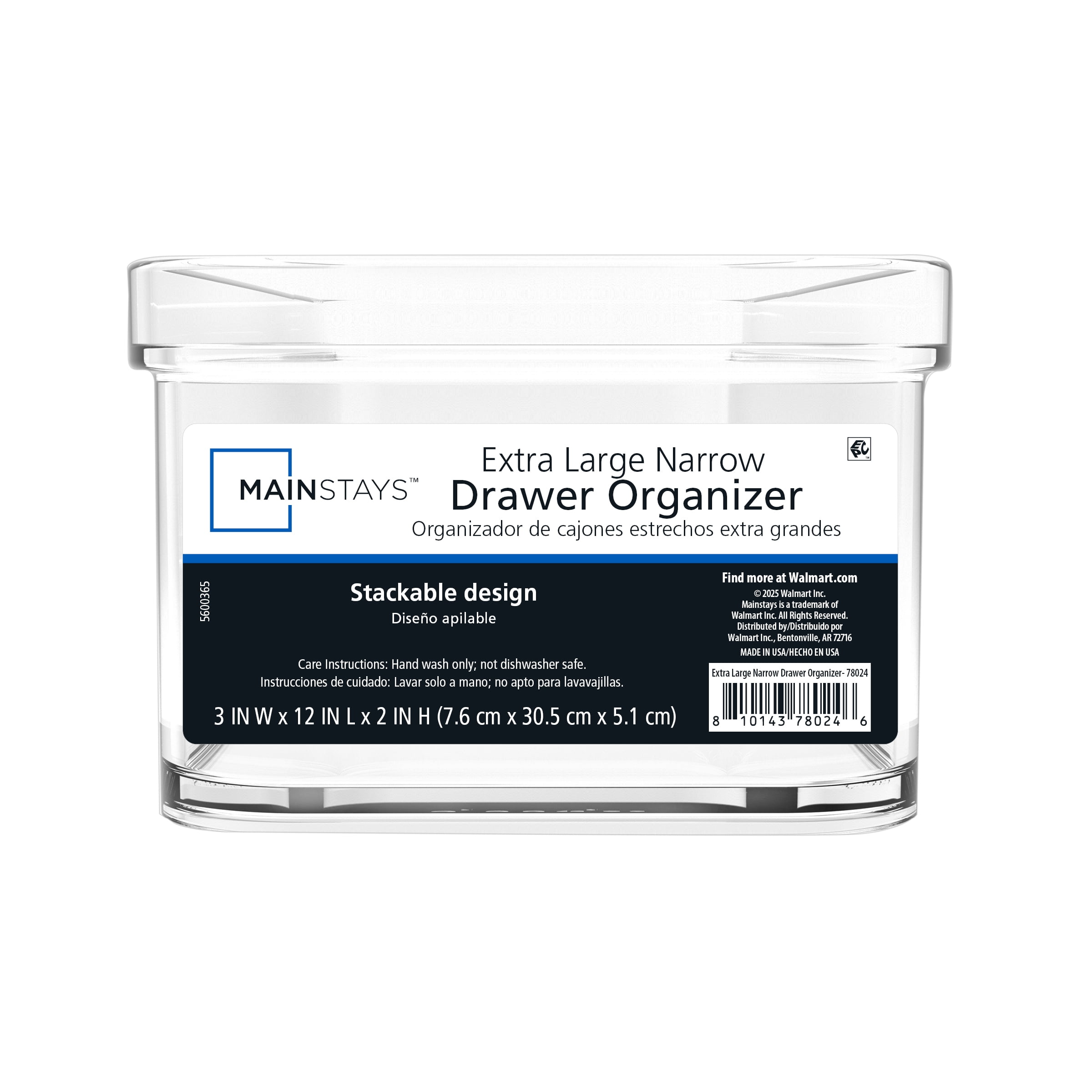 Mainstays Extra Large Clear Plastic Narrow Kitchen Drawer Organizer Storage Tray, Cabinet, Desk and Bathroom Drawer Organizer for Utensil, Cutlery and Flatware Storage, 12" x 3" x 2"