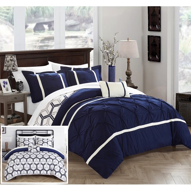 chic home Marcia 4 piezas Edredón Reversible de microfibra Super suave Pinch plisado con volantes diseño con cama de impresión de diseño geométri