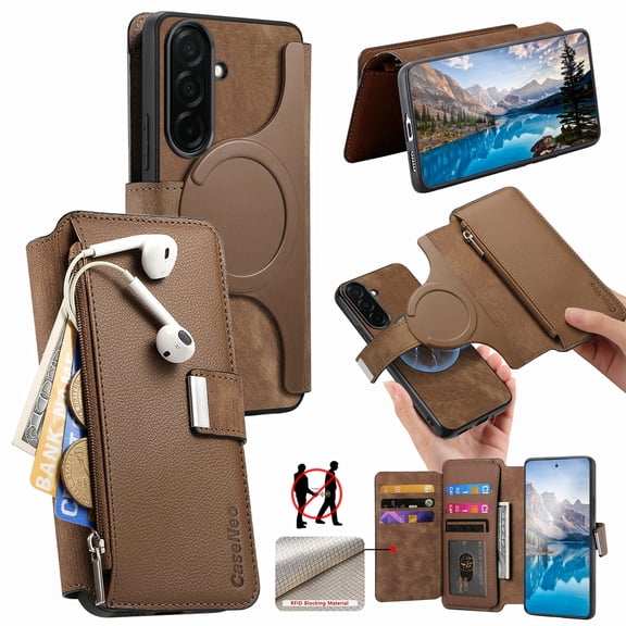 For Samsung Galaxy A17 5G Wallet [Support Magsafe Charger] Flip Magnetic Detachable 2 in 1 Flip PU Leather Phone Case with Card Slots [RFID Blocking], Zipper Bag, Kick-Stand Cover,Brown