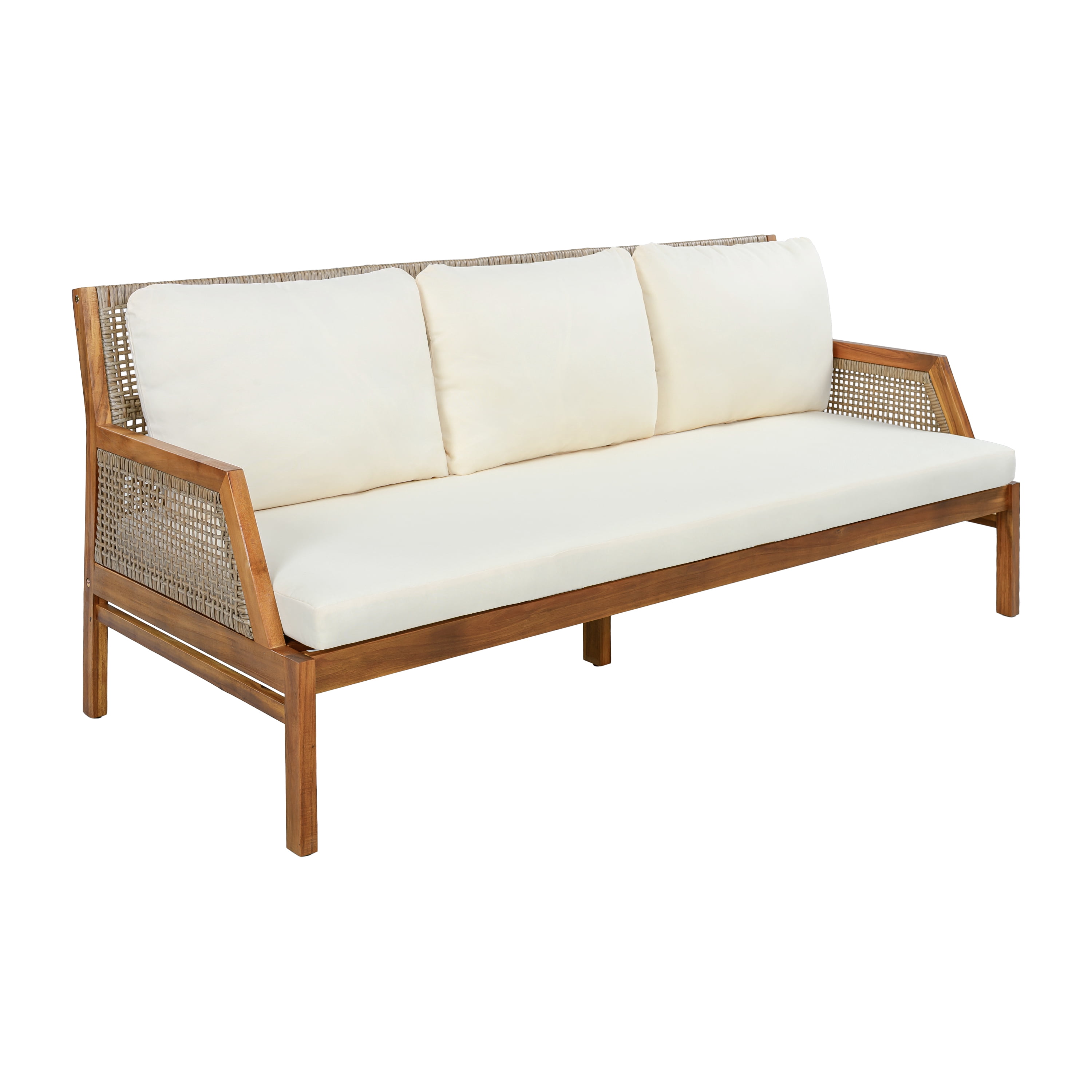 4-Piece Patio Furniture Set with Acacia Wood and Wicker, Outdoor Sectional Sofa and Coffee Table with Soft Cushions for Garden Backyard, 5-Seat, Teak and Cream