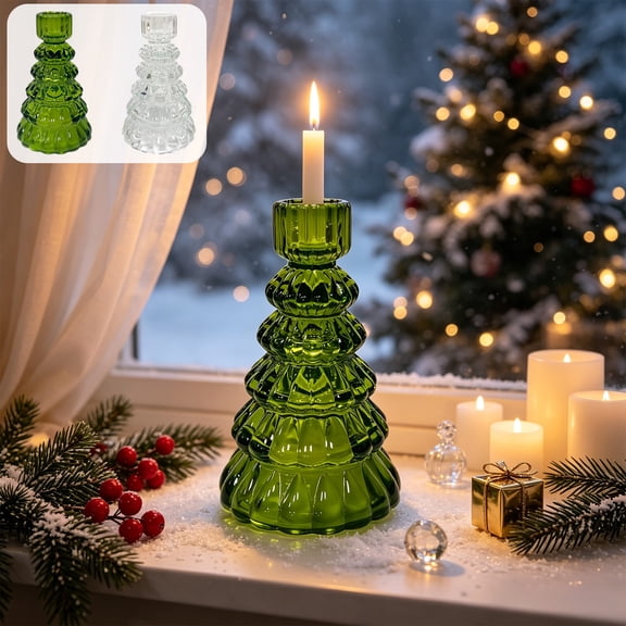 Hyknon Clear Glass Christmas Tree Candle Stand, 5.2" H Taper Candle Holder, Vintage Tiered Tealight Candlestick, White Table Centerpiece Decor for Table Centerpiece Dinner Gathering Party Home Decor