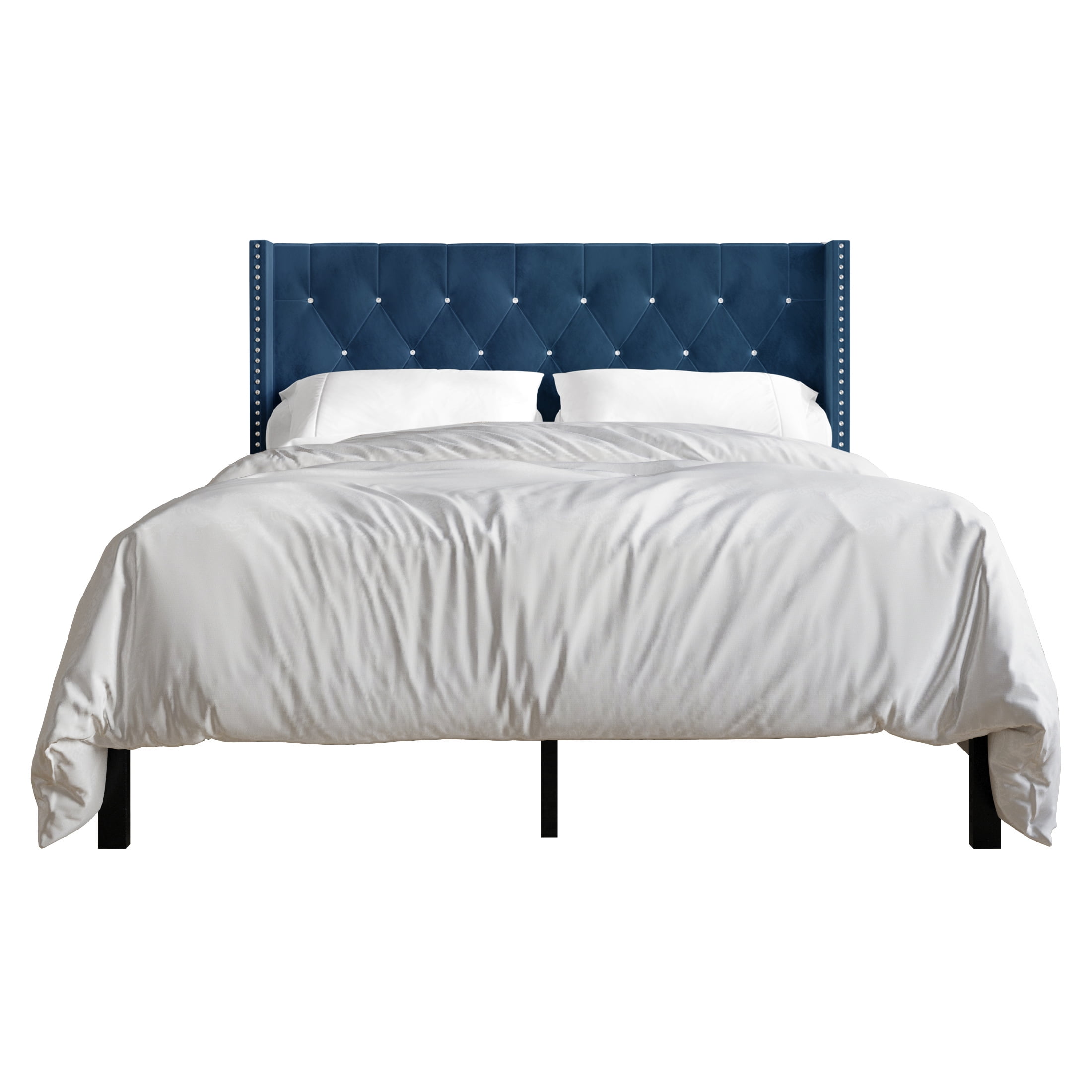 Castle Place Button Tufted Wingback Velvet Upholstered Bed, Navy Blue, King