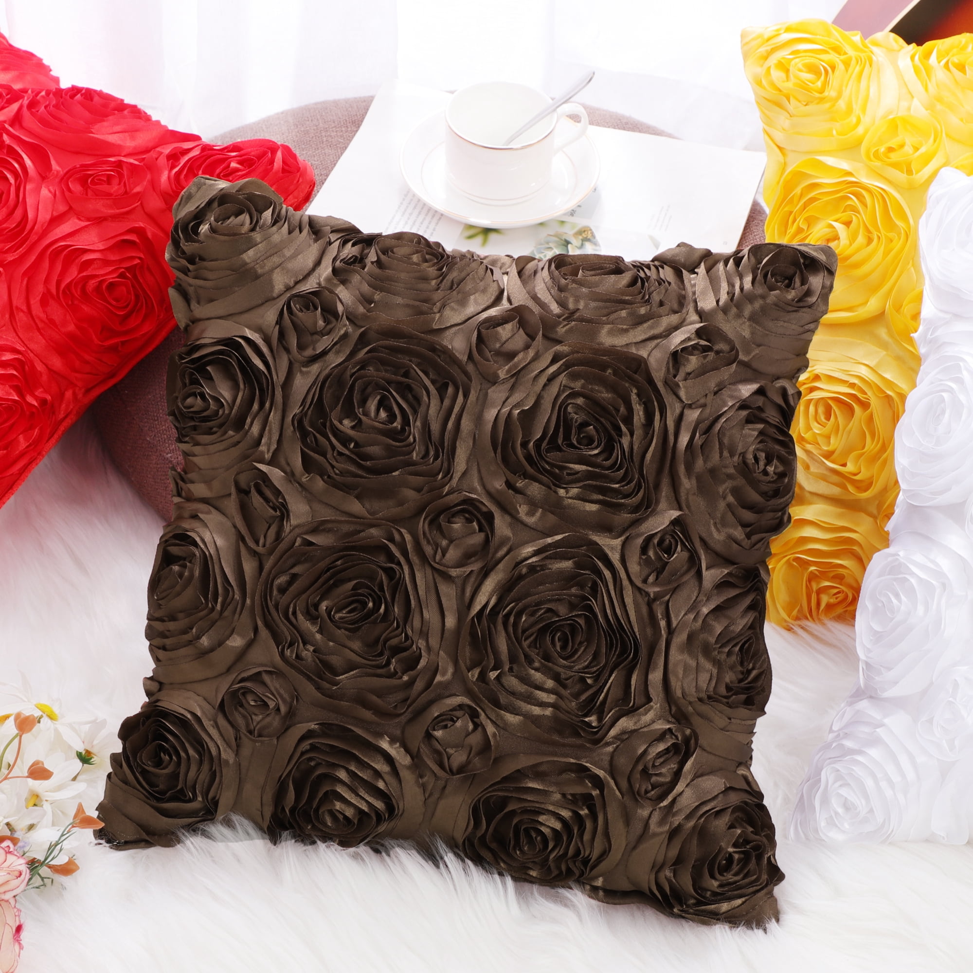 PiccoCasa Decorative Throw Pillow Covers 3D Satin Rose Flower Shells Cushion Covers, 2Pcs, 16"x16" Coffee Color