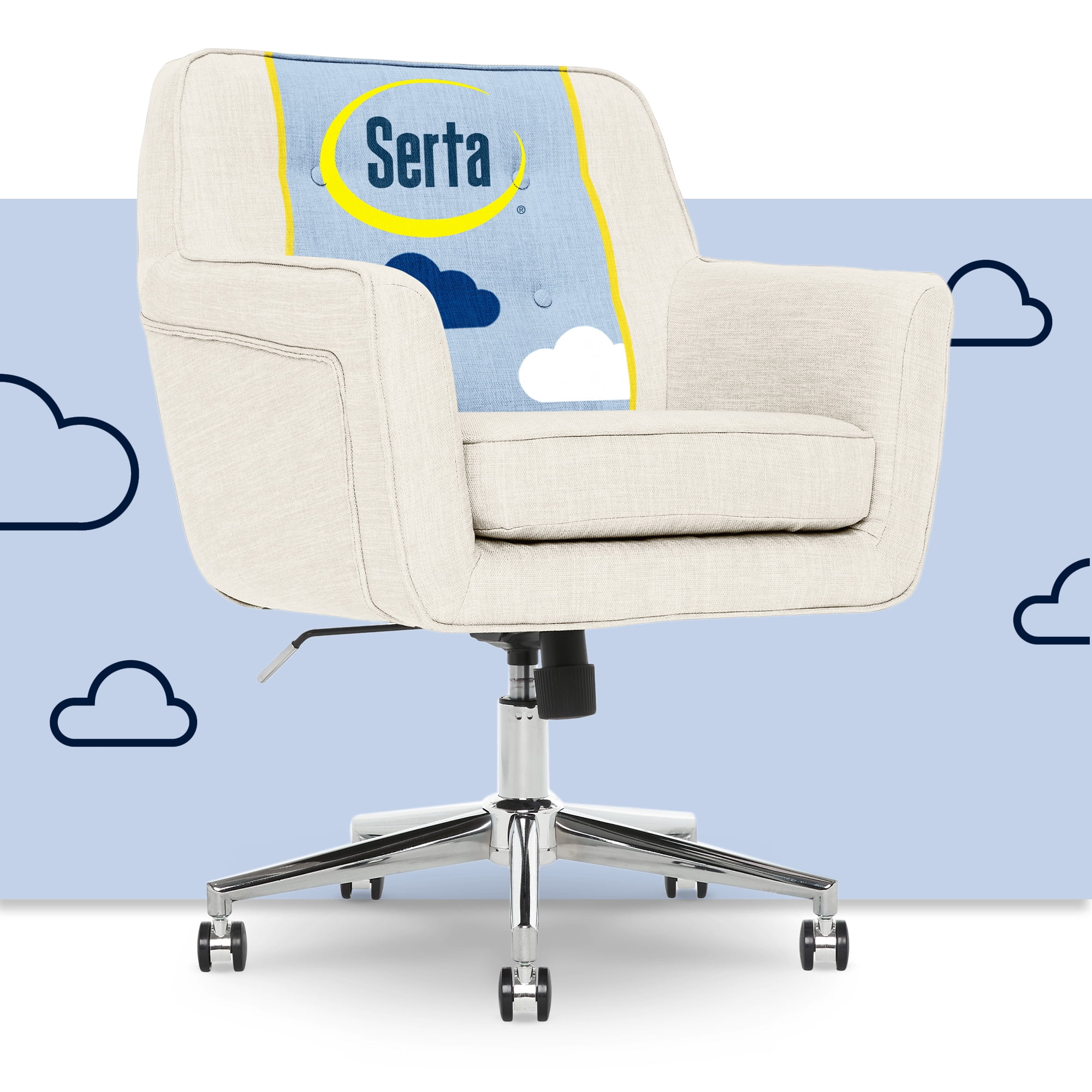 Serta Ashland Home Office Desk Chair with Button Tufted Mid-Back, Memory Foam Cushion and Padded Arms, Modern Vanity Armchair with Wheels for Bedroom, Chrome Metal Base, Ivory