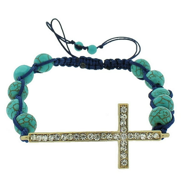 Fashion Alloy Simulated Green Yellow Gold-Tone Religious Cross White CZ Bracelet