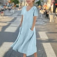thumbnail image 2 of LNWUY Girls' Cotton Linen Dress Soft Comfort Breathable Short Sleeve Solid Color Pocket Dress Peplum Round Neck Dress Blue 15 Years, 2 of 6