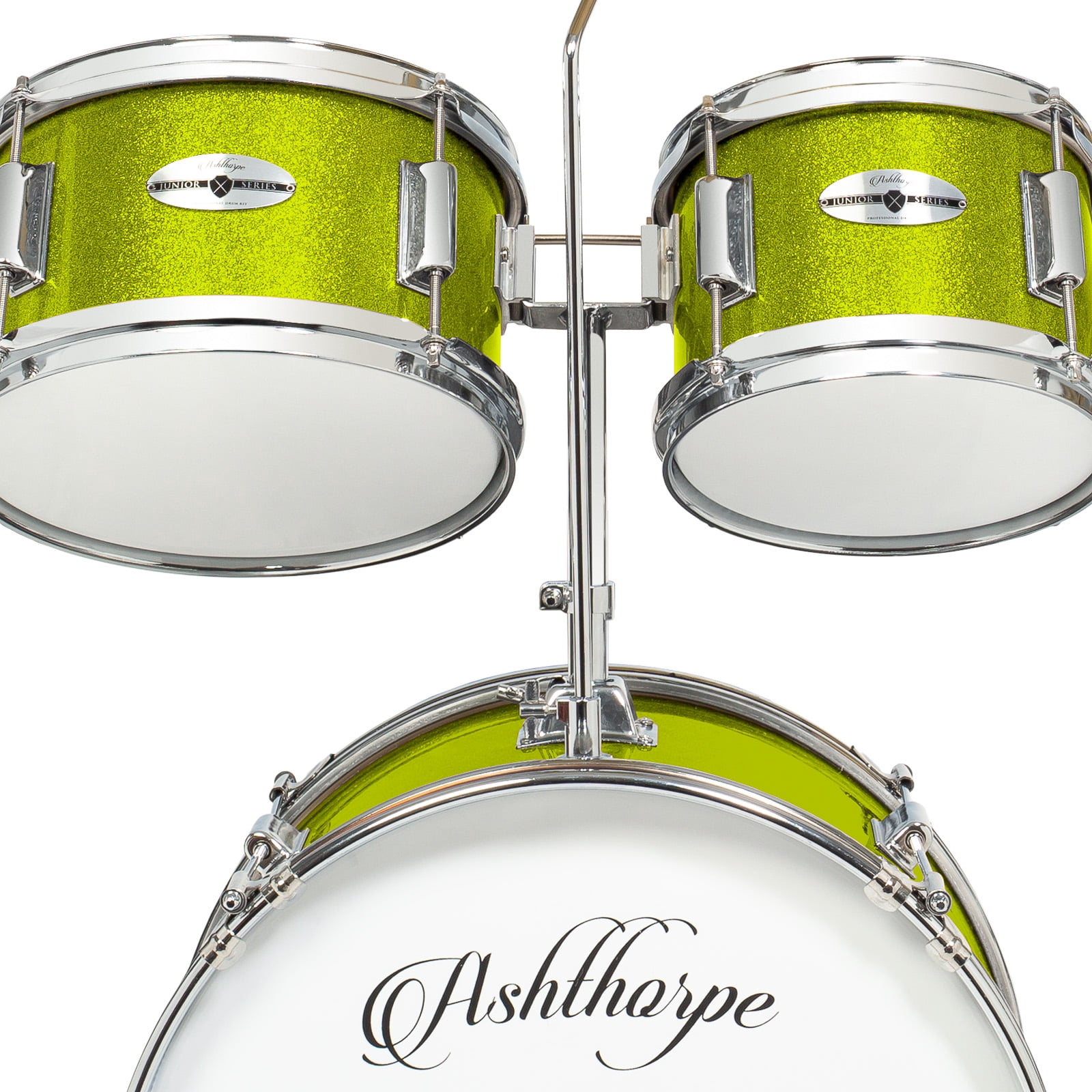 Ashthorpe 5-Piece Complete Junior Drum Set with Brass Cymbals and Drummer's Throne - Green