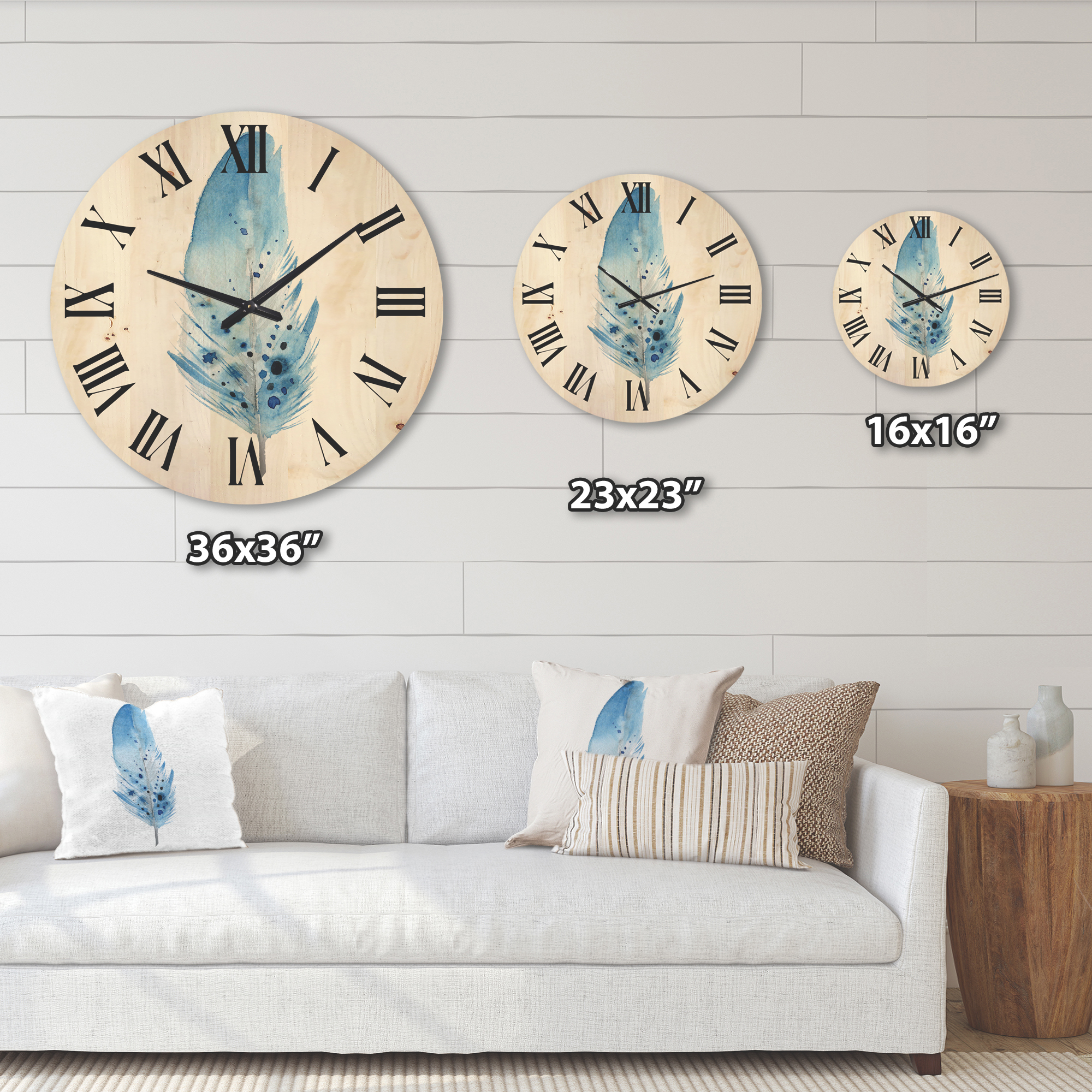 Designart 'Abstract Blue Boho Feathers' Bohemian & Eclectic Wood Wall Clock