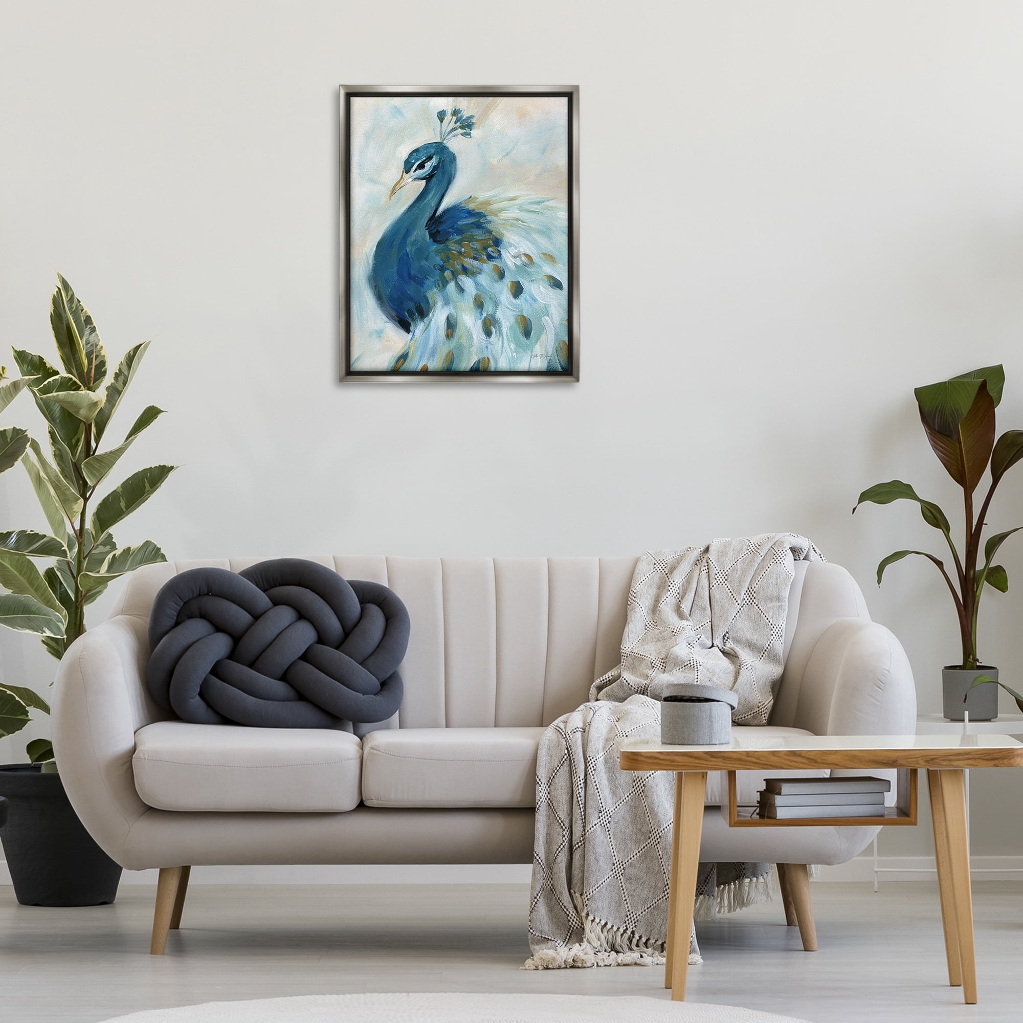 Stupell Industries Elegant Blue Peacock Animals & Insects Painting Gray Floater Framed Canvas Art Print Wall Art, 25 x 31