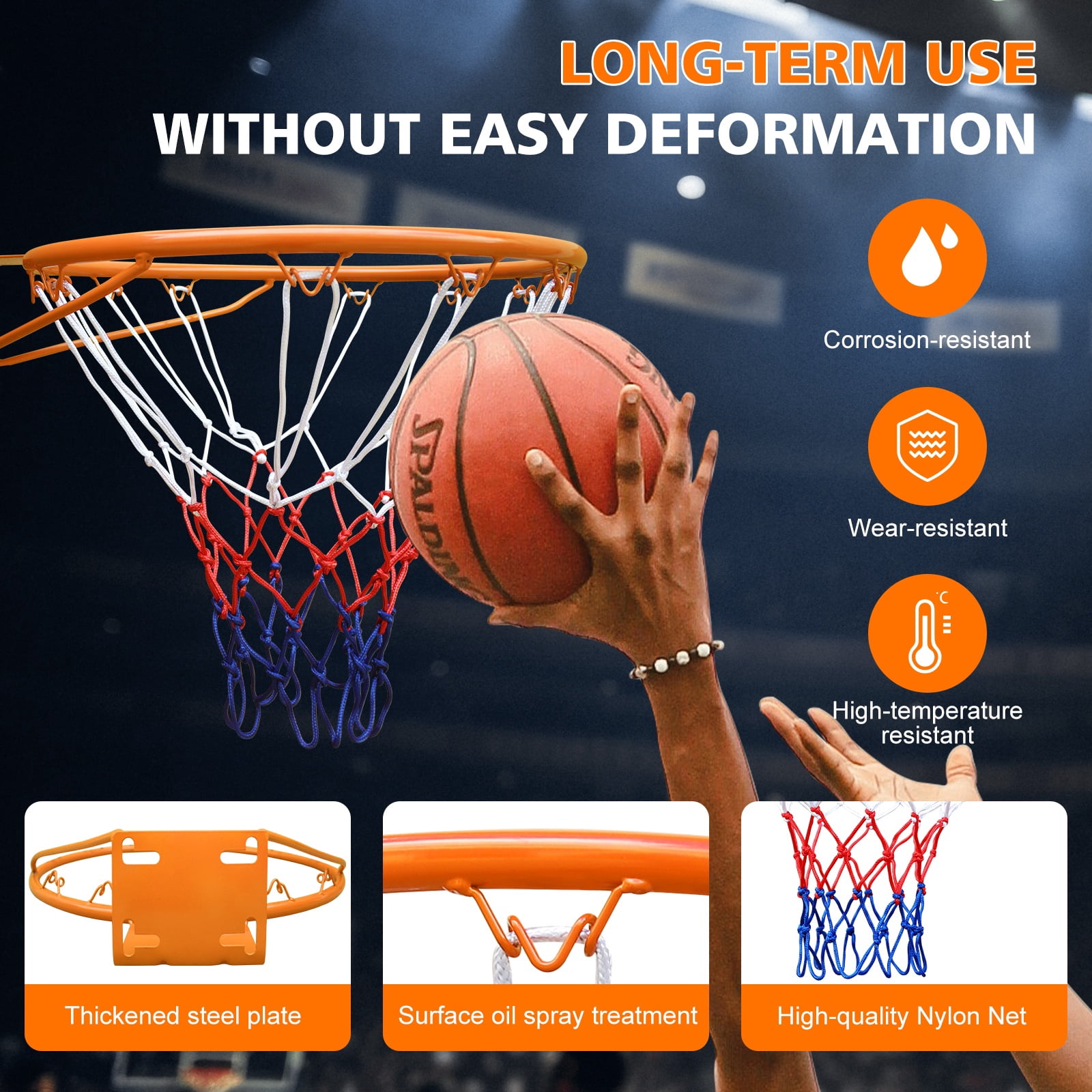 Regulation 18" Steel Basketball Rim for Portable Basketball Hoop & Goal, Indoor & Outdoor with Hand-Crank Adjustment, Choose from Fixed or Breakaway, Replacement Rim for Indoor or Outdoor Hoop