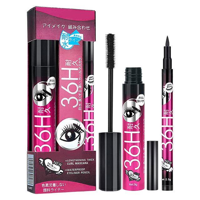 Máscara de pestañas de fibra 4D & Eyeliner Set 2 en 1 Mascara Eyeliner Pencil 36H Lápiz delineador de ojos líquido a prueba de manchas de larga duración Mascara xuanjing unisex