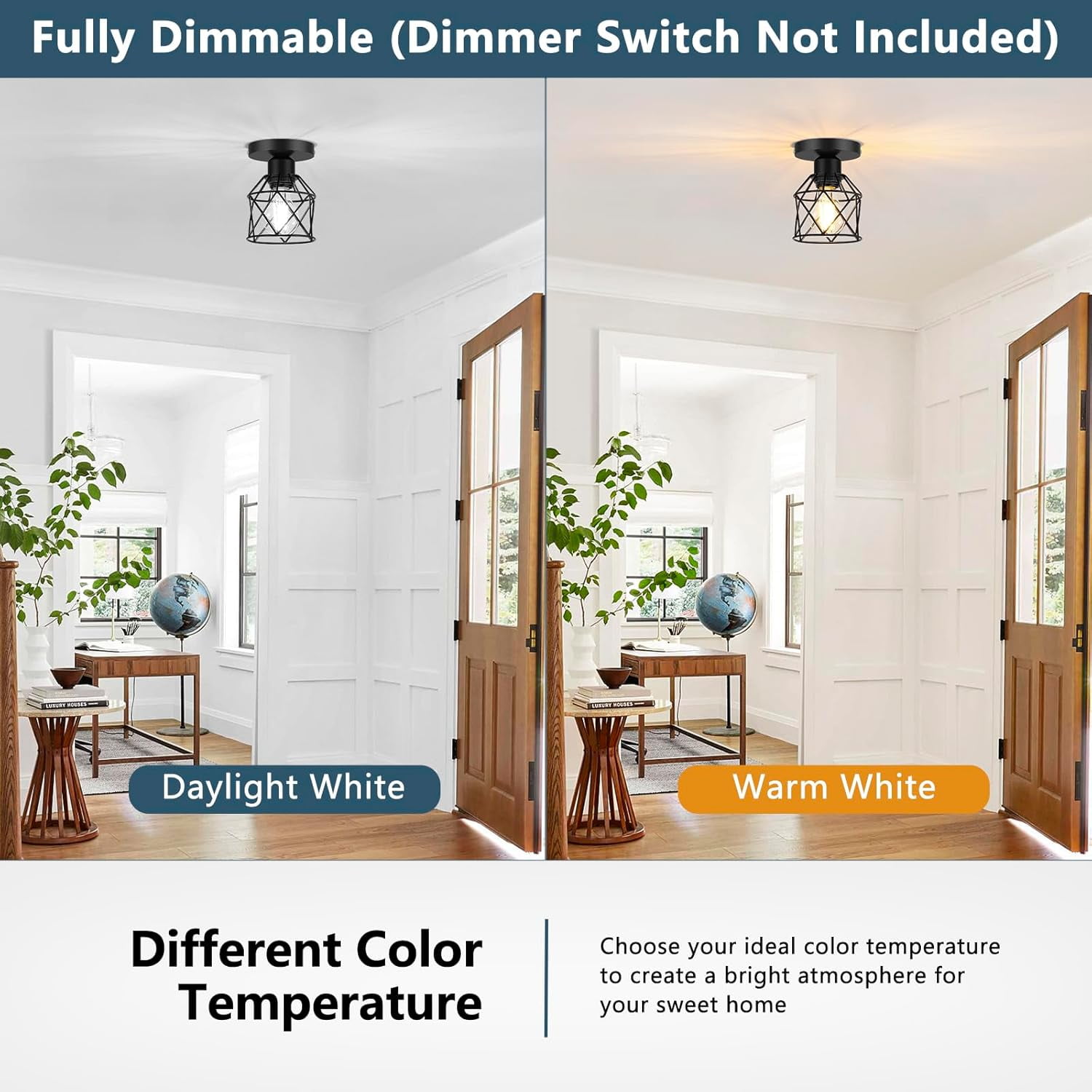 2-Pack Semi Flush Mount Ceiling Light Fixture with 2 LED Bulbs Black Kitchen Light Fixtures Ceiling Mount Ceiling Lamp for Kitchen, Hallway, Porch