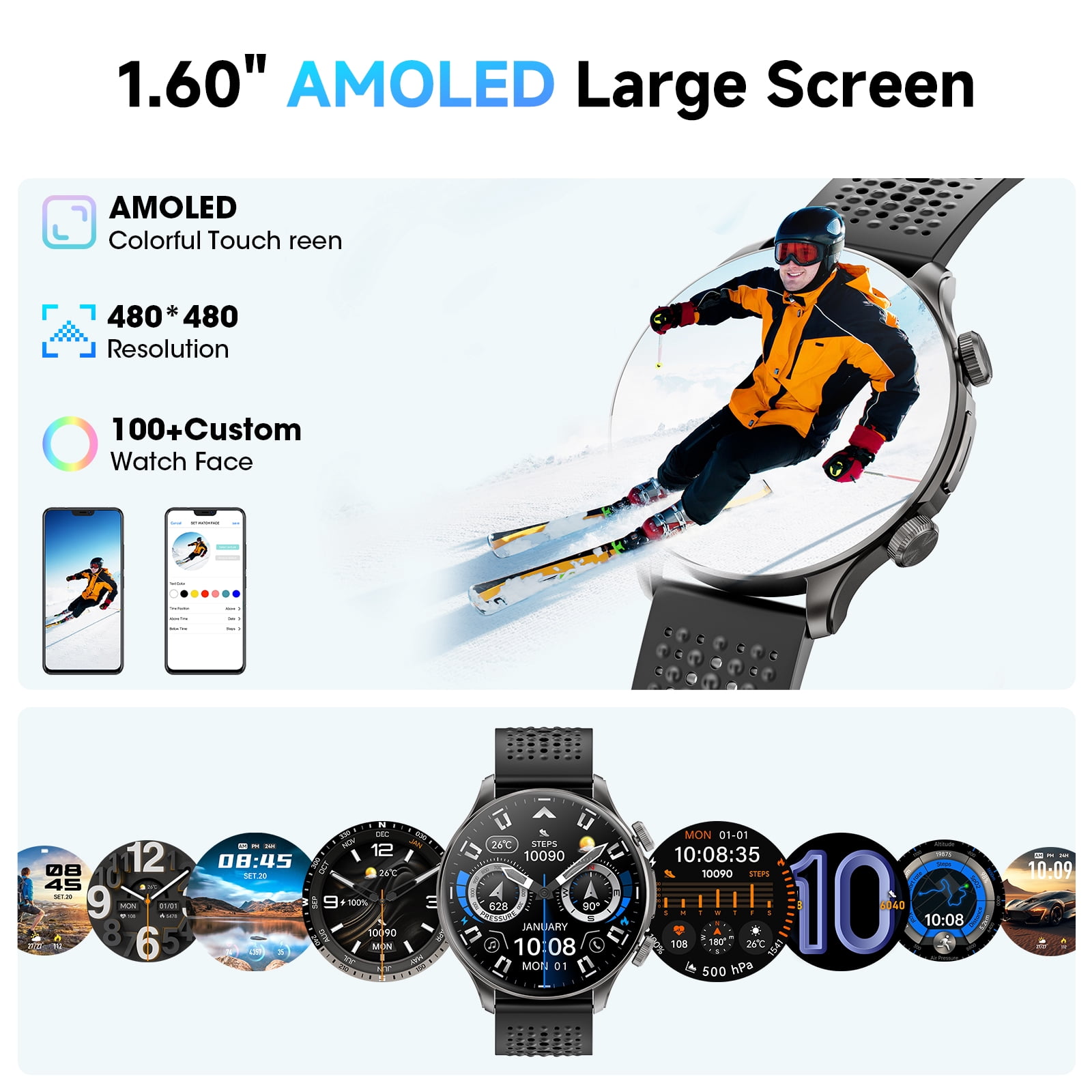 Mingdaln GPS Smart Watch for Men,50MM AMOLED screen,with 5ATM waterproof/Answer/Make Calls,fits for Android iPhone devices (Zinc alloy Black)