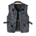 thumbnail image 2 of IROINNID Denim Vest for Women Sleeveless Turndown Lapel Dark Wash Jean Vest Solid Color Lightweight Button Down Classic Outerwear,Black, 2 of 9