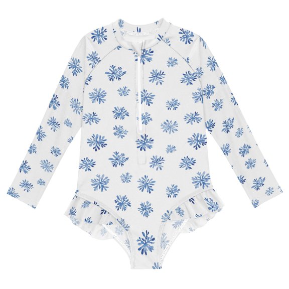 Snowflake Blue One-Piece Swimsuit Long Sleeve UV Sun Protection UPF50 Rashguard Front Zip Quick-Dry Swimwear for 3-12 Years