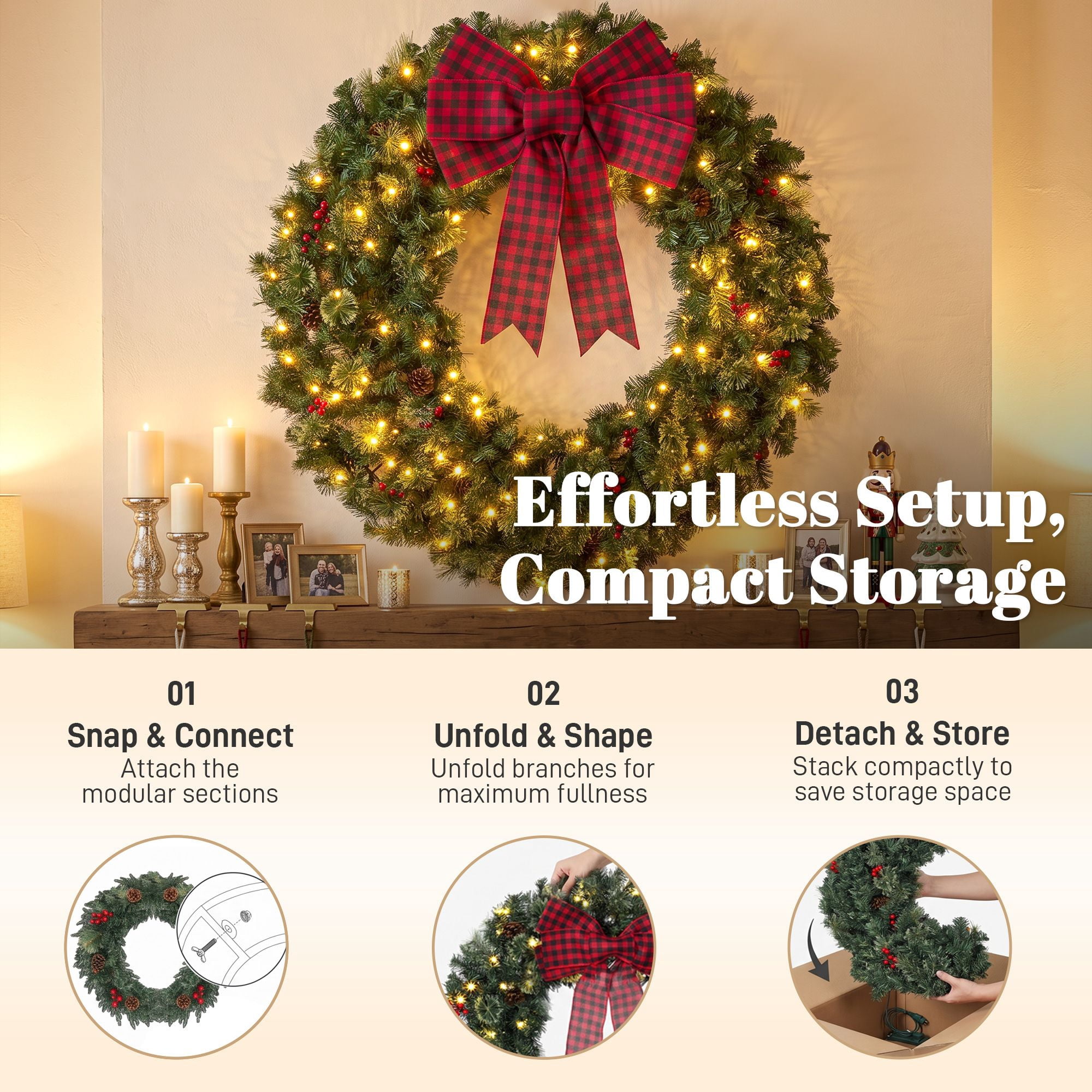 Pre-Lit Artificial Christmas Wreath, 36-Inch Crestwood Spruce with 100 Warm White LED Lights, 8 Modes, Red Berries, Pinecones, Buffalo Plaid Bow, Indoor and Covered Outdoor Use