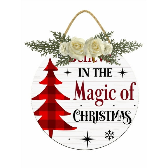 Eveokoki Believe In The Magic Of Christmas Sign for Front Door,8 inch Round Wooden Signs for Holiday Rustic Farmhouse Front Door Porch Wall Window Outside Decorations