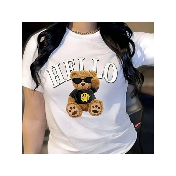 Camiseta de manga corta y cuello redondo para mujer con estampado de oso para uso casual en primavera y verano Color Blanco Talla Chica Marca Emil SaEs